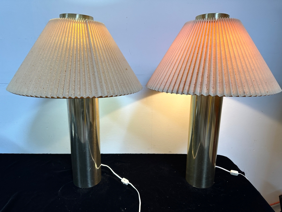 Vintage Cylindrical Brass Table Lamps 28'H [Photo 2]
