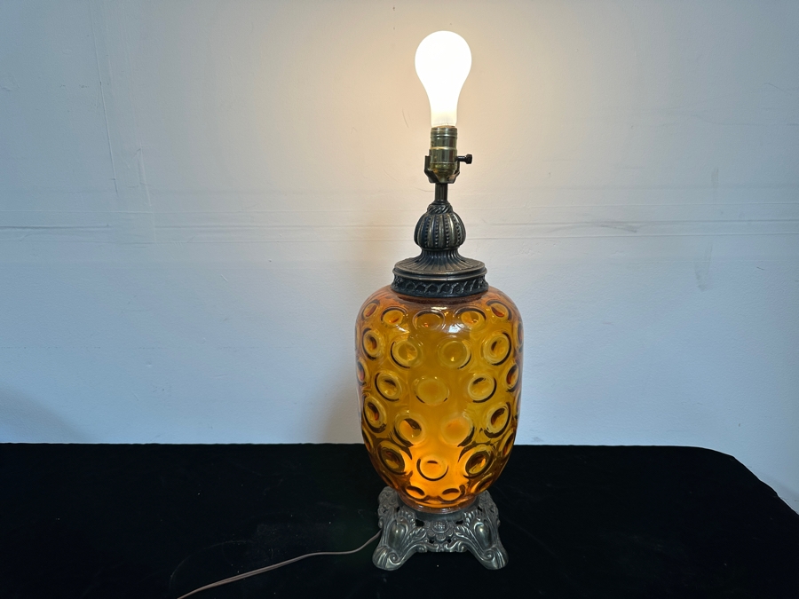 Vintage Mid-Century Amber Glass Table Lamp 25'H [Photo 3]