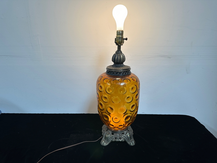 Vintage Mid-Century Amber Glass Table Lamp 25'H [Photo 2]