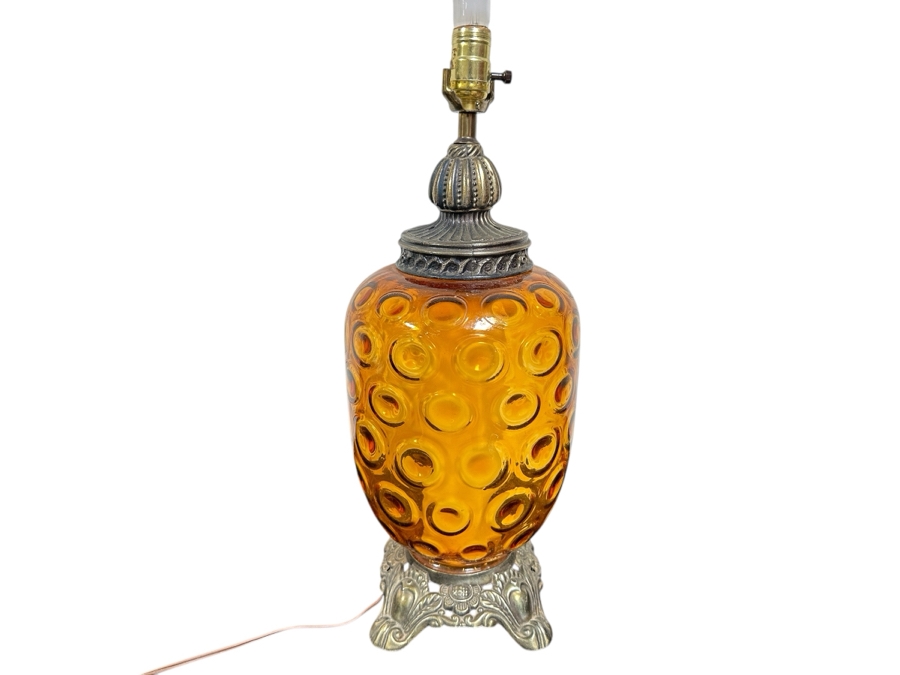 Vintage Mid-Century Amber Glass Table Lamp 25'H [Photo 1]