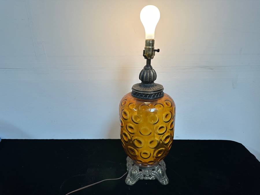 Vintage Mid-Century Amber Glass Table Lamp 25'H [Photo 5]
