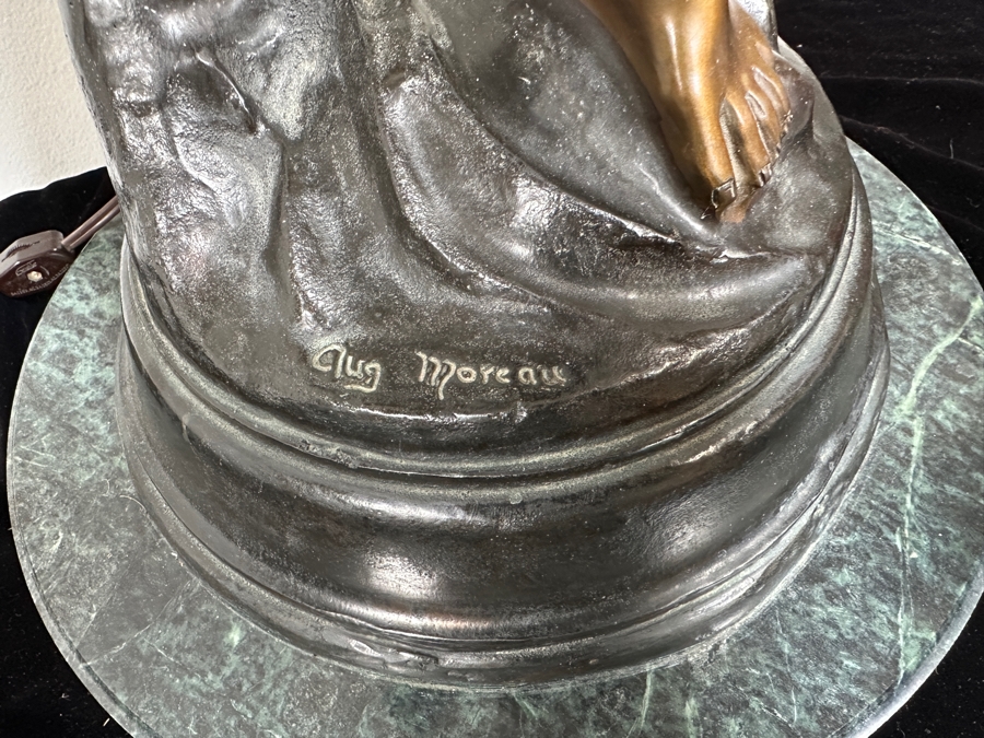 Auguste Moreau (1834-1917, French) Bronze Sculpture Lamp With Marble Base Titled 'Diane' With Translucent Glass Flower Shades 39'H [Photo 10]