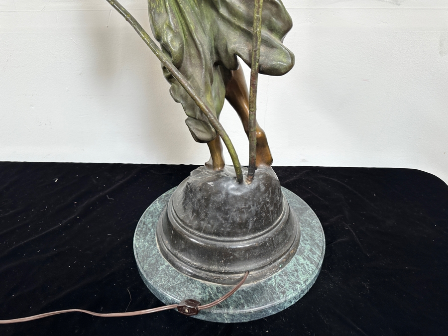 Auguste Moreau (1834-1917, French) Bronze Sculpture Lamp With Marble Base Titled 'Diane' With Translucent Glass Flower Shades 39'H [Photo 13]