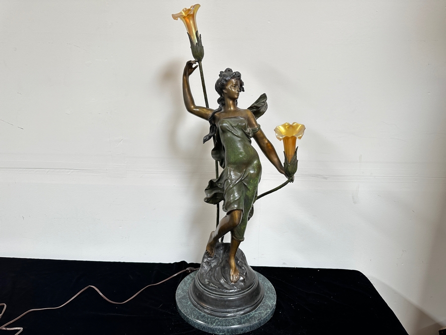 Auguste Moreau (1834-1917, French) Bronze Sculpture Lamp With Marble Base Titled 'Diane' With Translucent Glass Flower Shades 39'H [Photo 2]