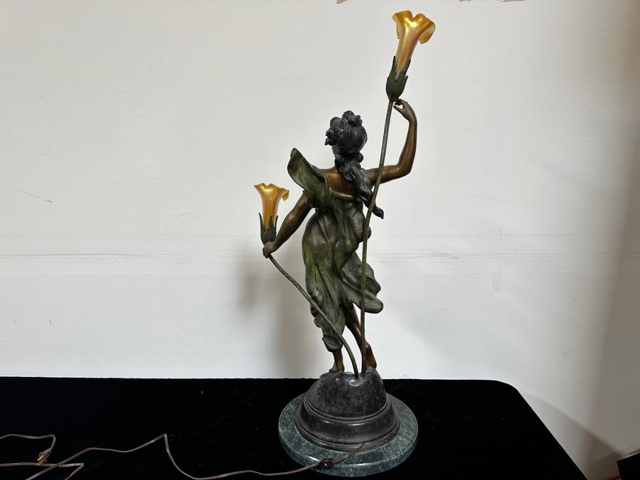 Auguste Moreau (1834-1917, French) Bronze Sculpture Lamp With Marble Base Titled 'Diane' With Translucent Glass Flower Shades 39'H [Photo 11]