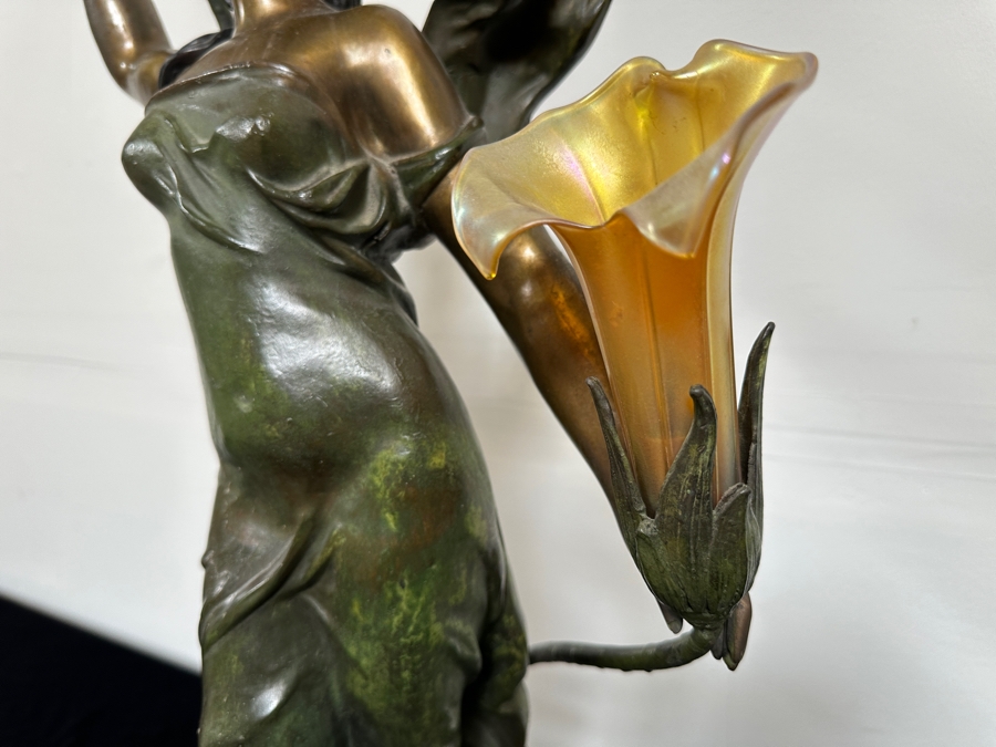 Auguste Moreau (1834-1917, French) Bronze Sculpture Lamp With Marble Base Titled 'Diane' With Translucent Glass Flower Shades 39'H [Photo 8]