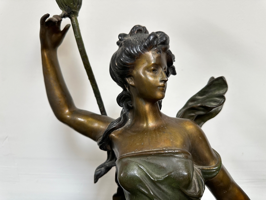 Auguste Moreau (1834-1917, French) Bronze Sculpture Lamp With Marble Base Titled 'Diane' With Translucent Glass Flower Shades 39'H [Photo 7]