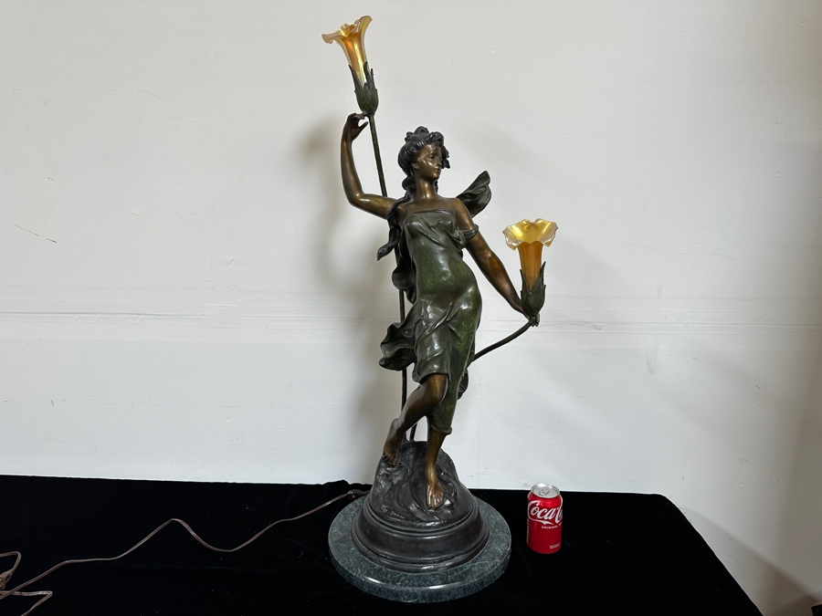 Auguste Moreau (1834-1917, French) Bronze Sculpture Lamp With Marble Base Titled 'Diane' With Translucent Glass Flower Shades 39'H [Photo 3]