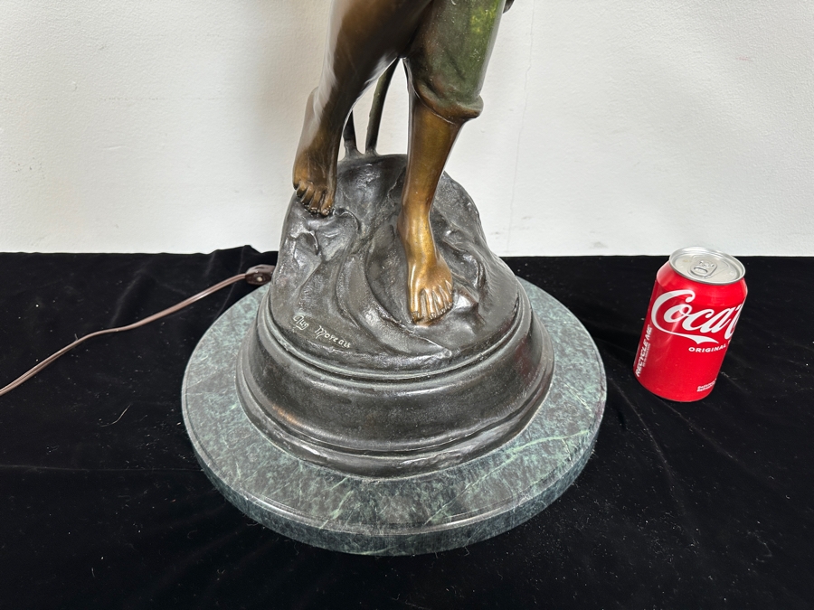 Auguste Moreau (1834-1917, French) Bronze Sculpture Lamp With Marble Base Titled 'Diane' With Translucent Glass Flower Shades 39'H [Photo 9]