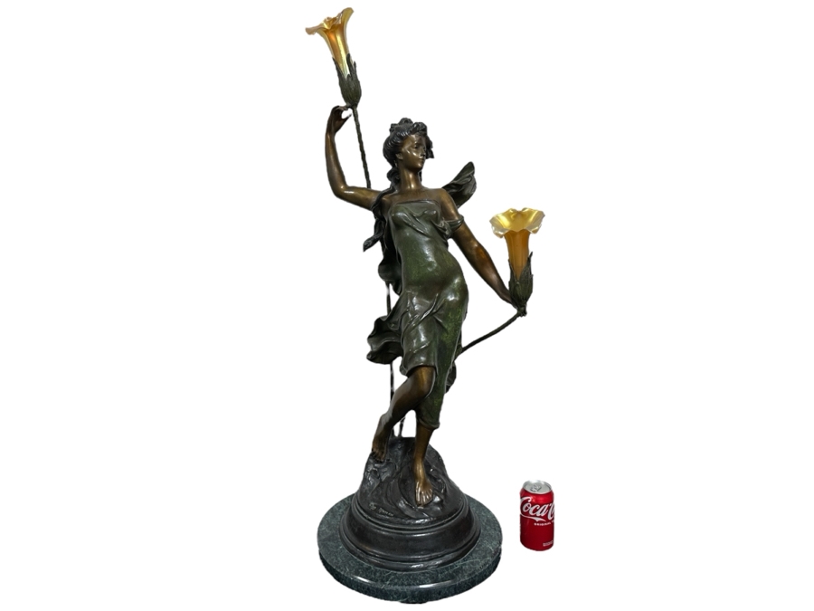 Auguste Moreau (1834-1917, French) Bronze Sculpture Lamp With Marble Base Titled 'Diane' With Translucent Glass Flower Shades 39'H