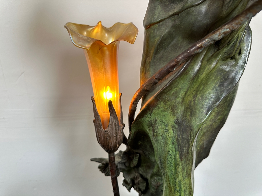 Auguste Moreau (1834-1917, French) Bronze Sculpture Lamp With Marble Base Lady With Wheat With Translucent Glass Flower Shades 38'H [Photo 7]