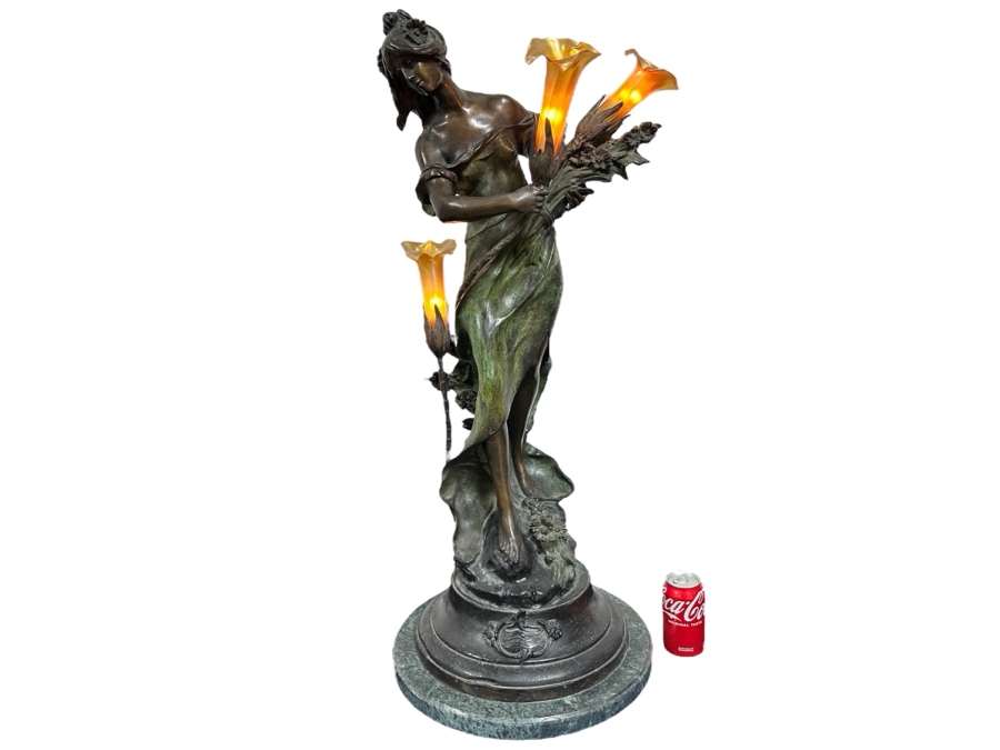 Auguste Moreau (1834-1917, French) Bronze Sculpture Lamp With Marble Base Lady With Wheat With Translucent Glass Flower Shades 38'H