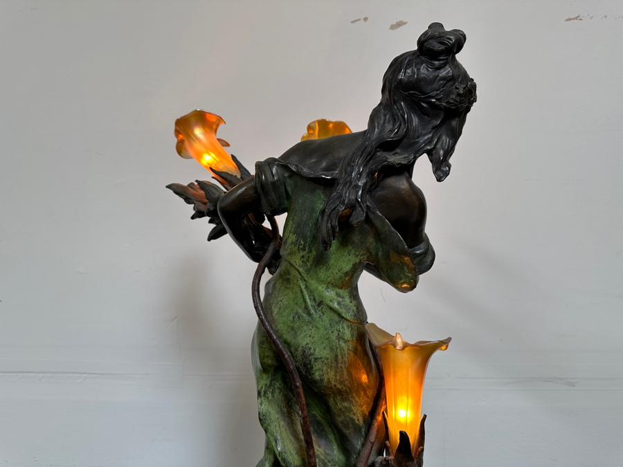 Auguste Moreau (1834-1917, French) Bronze Sculpture Lamp With Marble Base Lady With Wheat With Translucent Glass Flower Shades 38'H [Photo 15]