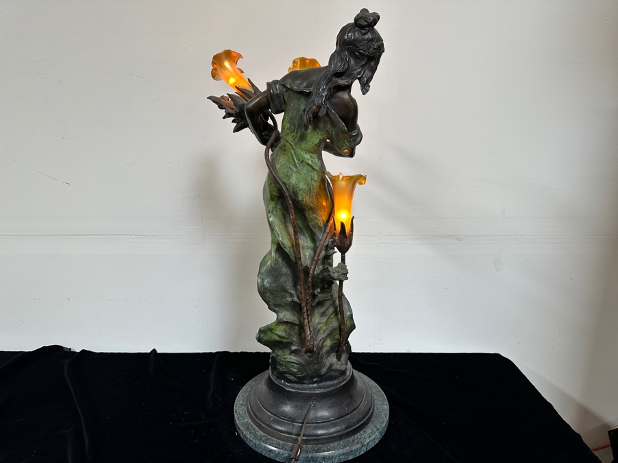 Auguste Moreau (1834-1917, French) Bronze Sculpture Lamp With Marble Base Lady With Wheat With Translucent Glass Flower Shades 38'H [Photo 17]
