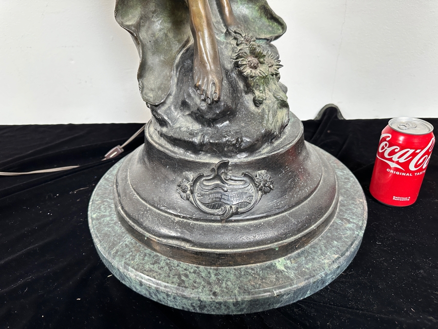 Auguste Moreau (1834-1917, French) Bronze Sculpture Lamp With Marble Base Lady With Wheat With Translucent Glass Flower Shades 38'H [Photo 8]
