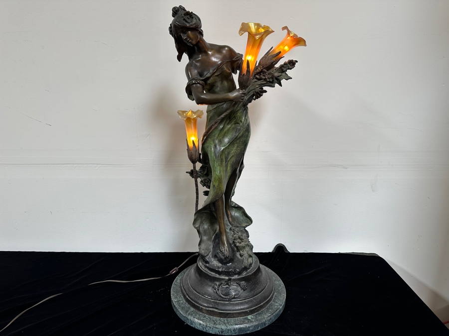 Auguste Moreau (1834-1917, French) Bronze Sculpture Lamp With Marble Base Lady With Wheat With Translucent Glass Flower Shades 38'H [Photo 2]