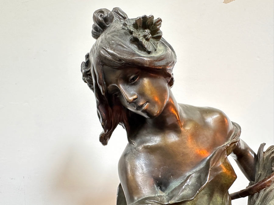 Auguste Moreau (1834-1917, French) Bronze Sculpture Lamp With Marble Base Lady With Wheat With Translucent Glass Flower Shades 38'H [Photo 6]