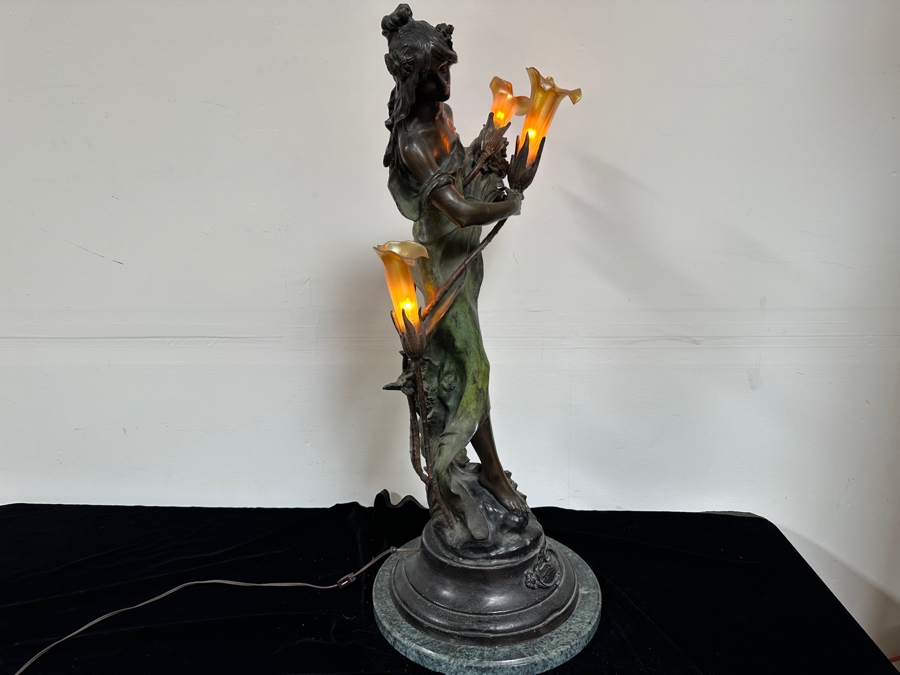 Auguste Moreau (1834-1917, French) Bronze Sculpture Lamp With Marble Base Lady With Wheat With Translucent Glass Flower Shades 38'H [Photo 13]