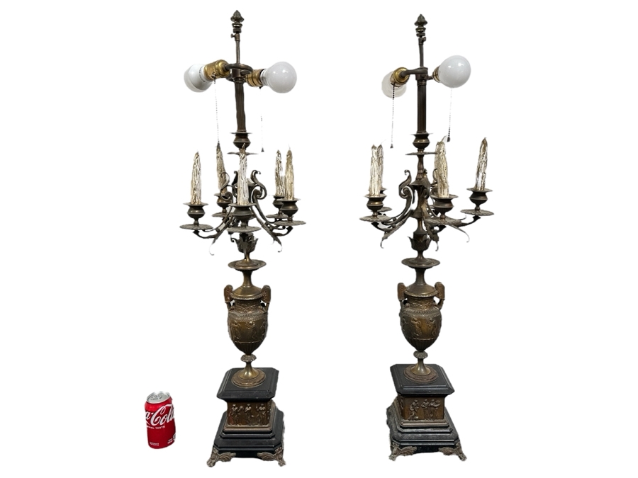 Antique Pair Of French Empire Bronze & Slate Candelabras Converted Into Lamps 38'H
