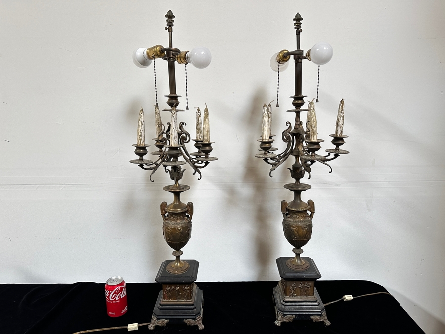 Antique Pair Of French Empire Bronze & Slate Candelabras Converted Into Lamps 38'H [Photo 3]