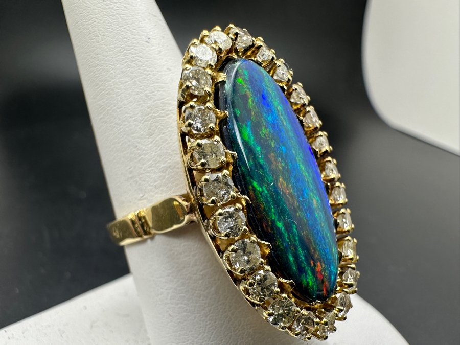 Stunning 14k Opal Triplet & Diamond Ring - Opal Measures 25 X 11.5mm, Diamonds Single Cut, Round Brilliant 1.50ctw Size 8.5 9.6g [Photo 9]