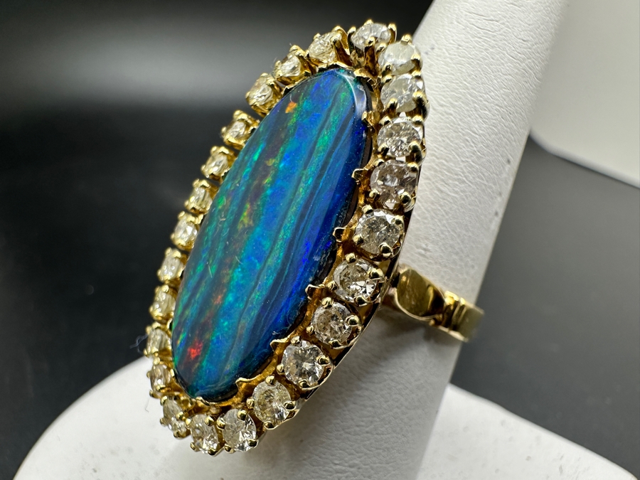 Stunning 14k Opal Triplet & Diamond Ring - Opal Measures 25 X 11.5mm, Diamonds Single Cut, Round Brilliant 1.50ctw Size 8.5 9.6g [Photo 13]