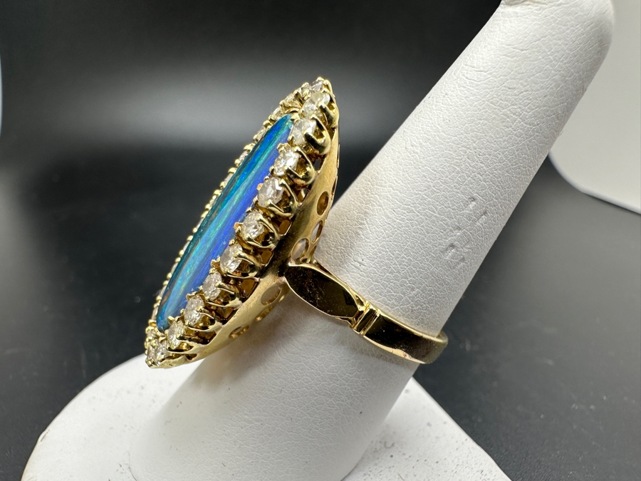 Stunning 14k Opal Triplet & Diamond Ring - Opal Measures 25 X 11.5mm, Diamonds Single Cut, Round Brilliant 1.50ctw Size 8.5 9.6g [Photo 12]