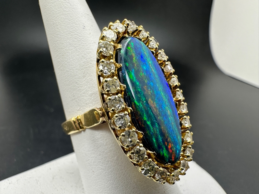 Stunning 14k Opal Triplet & Diamond Ring - Opal Measures 25 X 11.5mm, Diamonds Single Cut, Round Brilliant 1.50ctw Size 8.5 9.6g [Photo 8]