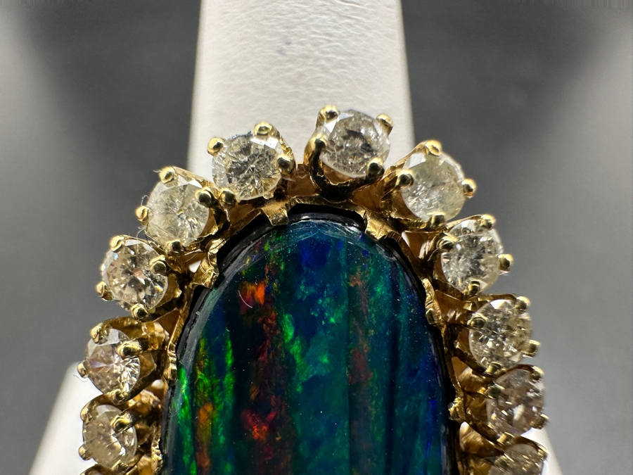 Stunning 14k Opal Triplet & Diamond Ring - Opal Measures 25 X 11.5mm, Diamonds Single Cut, Round Brilliant 1.50ctw Size 8.5 9.6g [Photo 6]