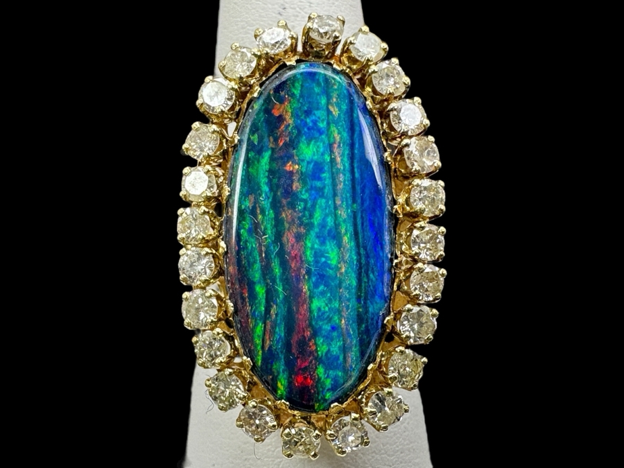 Stunning 14k Opal Triplet & Diamond Ring - Opal Measures 25 X 11.5mm, Diamonds Single Cut, Round Brilliant 1.50ctw Size 8.5 9.6g