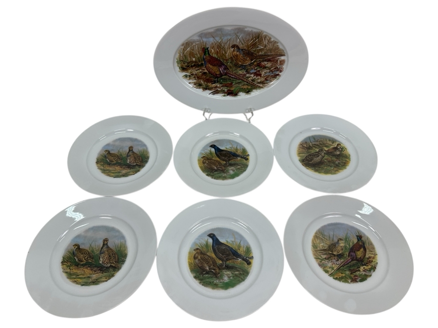 (6) Heinrich Germany 9.75' Bird Quai+l Plates & (1) Lorenz Hutschen Reuther Germany Bird Quail Serving Platter 14.5'W