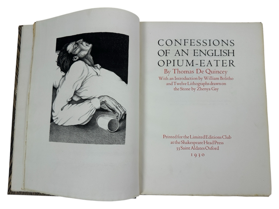 Vintage 1930 Limited Edition Hardcover Book Confessions Of An English Opium-Eater By Thomas De Quincey Printed For The Limited Editions Club At The Shakespeare Head Press Signed By Illustrator Zhenya Gay (1906-1978) And B. H. Newdigate