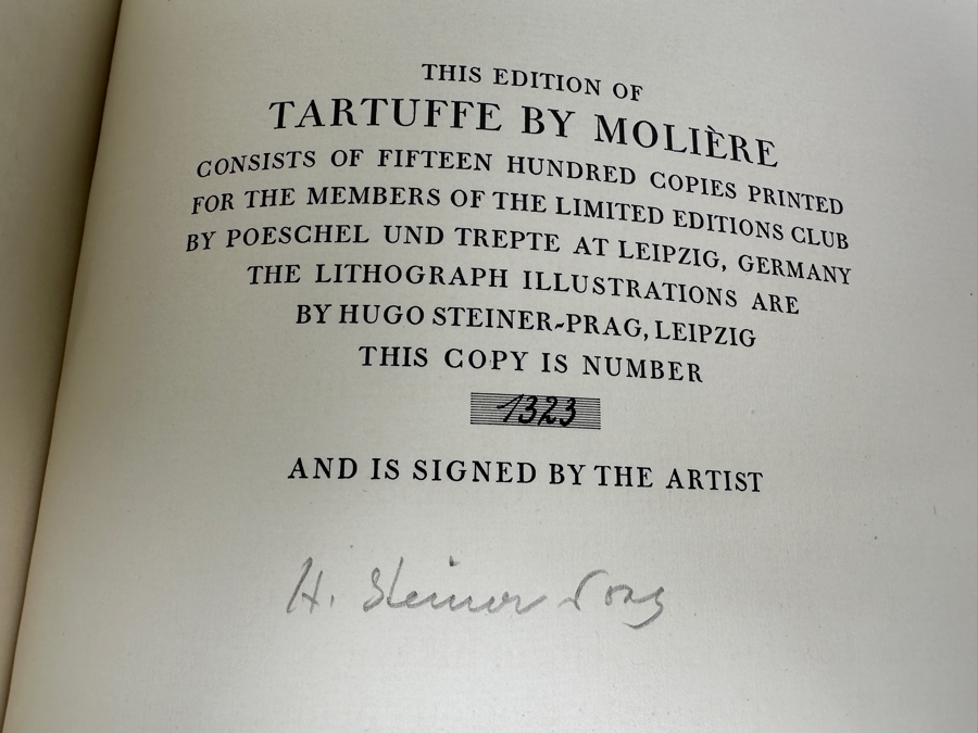 Vintage 1930 Limited Edition Hardcover Book Tartuffe Or The Hypocrite By Moliere Illustrations By Hugo Steiner-Prag (1880-1945) Signed By Hugo Steiner-Prag [Photo 2]
