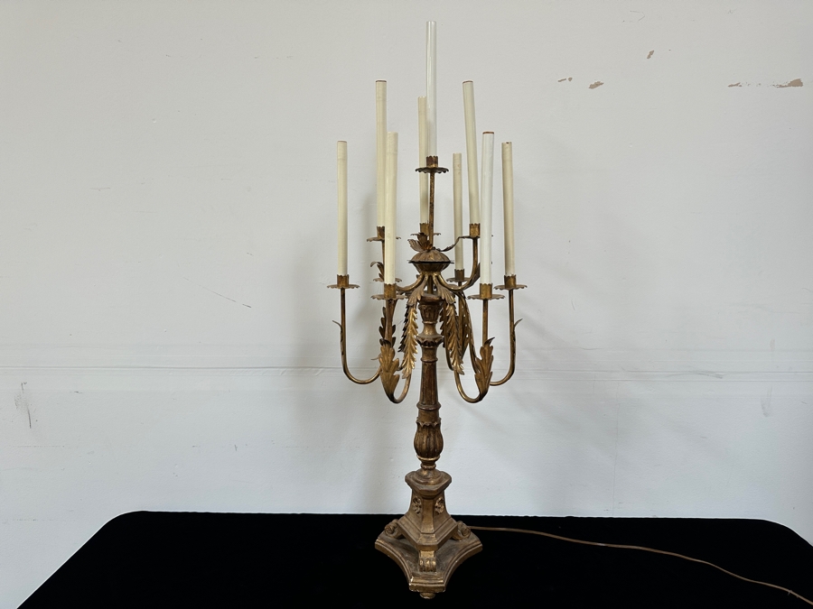 Vintage French Gilt Wooden And Metal Candelabra Converted To A Lamp - Needs Rewiring 48'H [Photo 2]