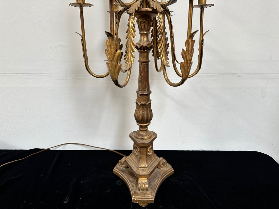 Vintage French Gilt Wooden And Metal Candelabra Converted To A Lamp - Needs Rewiring 48'H [Photo 9]