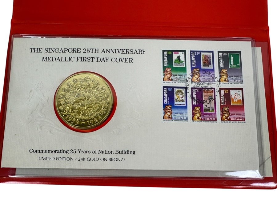 The Singapore 25th Anniversary Medallic First Day Cover Limited Edition 24k Gold On Bronze