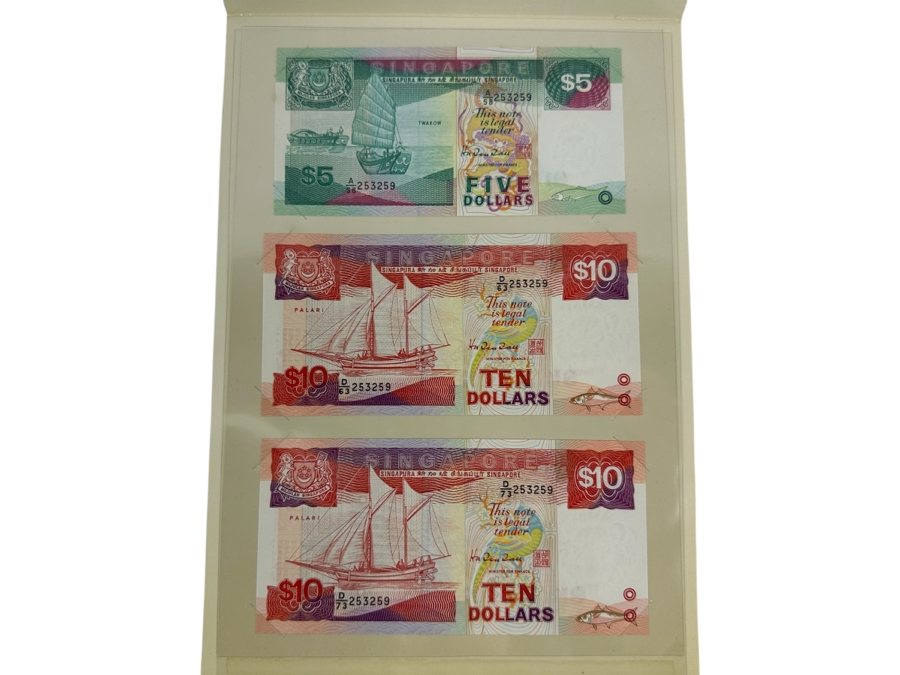 Mint Uncirculated 'Ship' Series Singapore Currency Notes (1) $5 Note And (2) $10 Notes Paying Tribute To Merchant Shipping To The Busiest Shipping Port In The World Released on 11th Of November 1994 Limited To 5,000 Sets