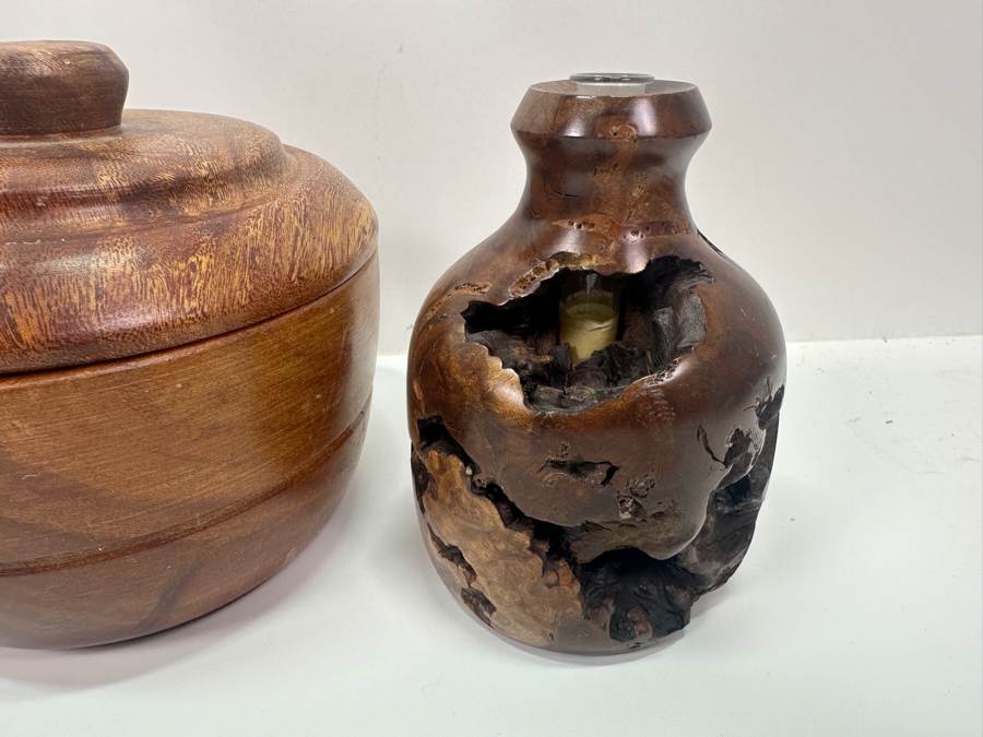 Pair Of Turned Burled Wooden Candle Holders, A Turned Wooden Candle Holder And A Wooden Round Box 5'H [Photo 6]