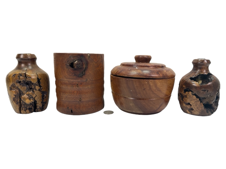 Pair Of Turned Burled Wooden Candle Holders, A Turned Wooden Candle Holder And A Wooden Round Box 5'H