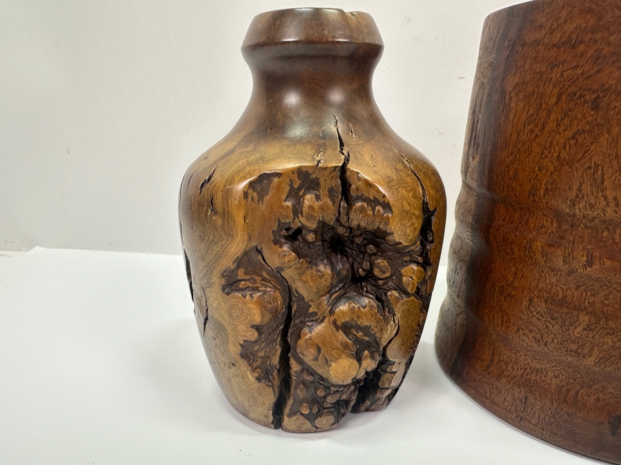 Pair Of Turned Burled Wooden Candle Holders, A Turned Wooden Candle Holder And A Wooden Round Box 5'H [Photo 3]