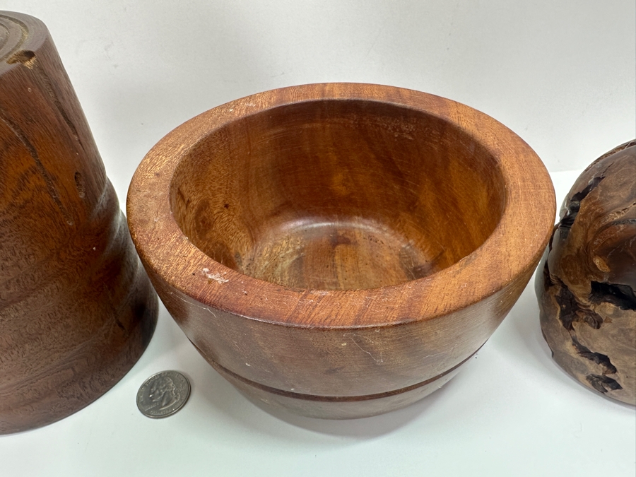 Pair Of Turned Burled Wooden Candle Holders, A Turned Wooden Candle Holder And A Wooden Round Box 5'H [Photo 8]
