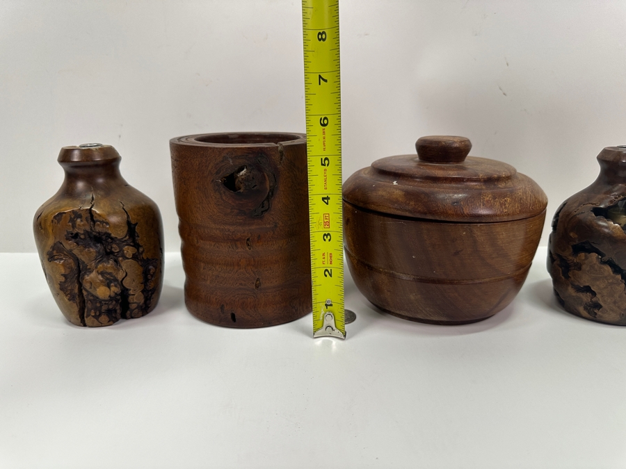 Pair Of Turned Burled Wooden Candle Holders, A Turned Wooden Candle Holder And A Wooden Round Box 5'H [Photo 9]