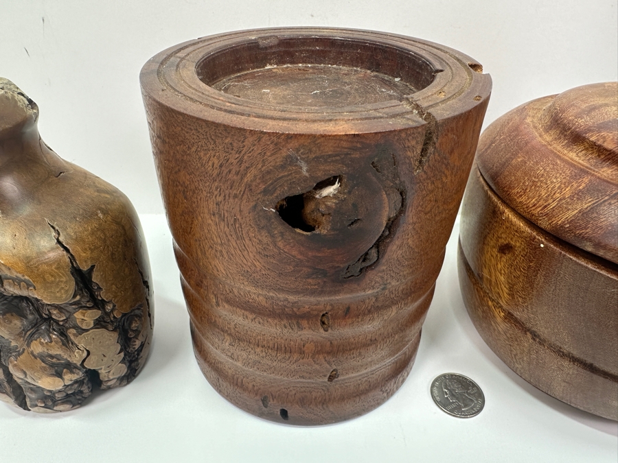 Pair Of Turned Burled Wooden Candle Holders, A Turned Wooden Candle Holder And A Wooden Round Box 5'H [Photo 5]