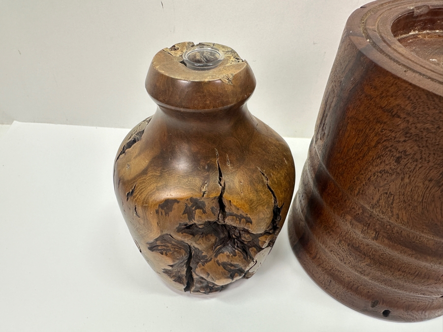 Pair Of Turned Burled Wooden Candle Holders, A Turned Wooden Candle Holder And A Wooden Round Box 5'H [Photo 4]