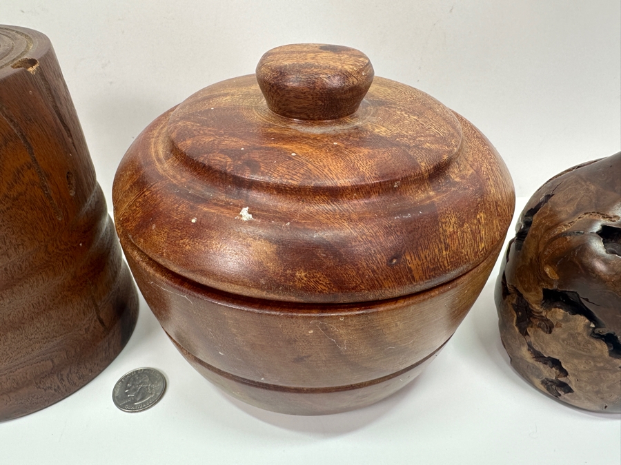 Pair Of Turned Burled Wooden Candle Holders, A Turned Wooden Candle Holder And A Wooden Round Box 5'H [Photo 7]