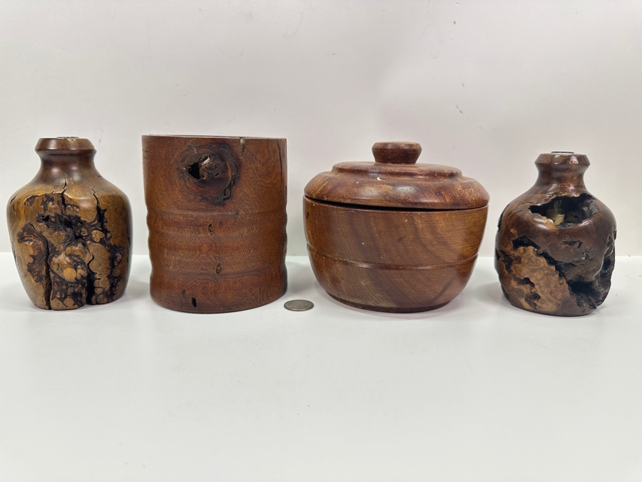 Pair Of Turned Burled Wooden Candle Holders, A Turned Wooden Candle Holder And A Wooden Round Box 5'H [Photo 2]