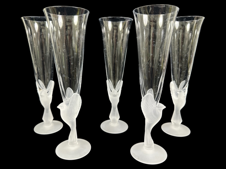 Set of (5) Sasaki Wings Clear Champagne Glasses with Frosted Dove Stems 9.25'H [Photo 1]