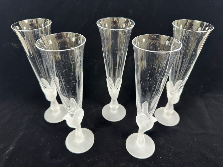 Set of (5) Sasaki Wings Clear Champagne Glasses with Frosted Dove Stems 9.25'H [Photo 4]
