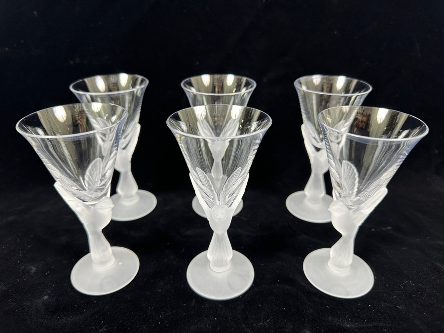 Set of (6) Sasaki Wings Clear Wine Glasses with Frosted Dove Stems 5'H [Photo 4]