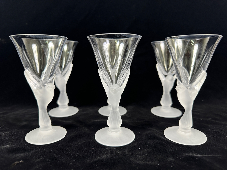 Set of (6) Sasaki Wings Clear Wine Glasses with Frosted Dove Stems 5'H [Photo 3]